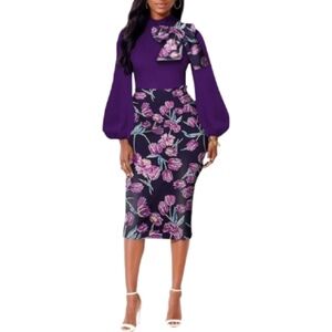 Women’s Long Sleeve Bow Knot Turtleneck Pencil Midi Dress Size Medium